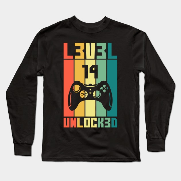 Level 14 Unlocked Vintage Gamer 14th Birthday Gift Long Sleeve T-Shirt by Alex21